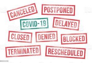 Covid-19 Corona Virus Rubber Stamps (Canceled, Postponed, Rescheduled, Delayed, Denied, Closed, Terminated, Blocked). Business, employment, public health, state of emergency, travel ban rubber stamps.