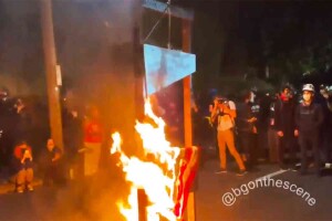 Hmm. Guillotine and burning American flag. Whatever can they mean by that?